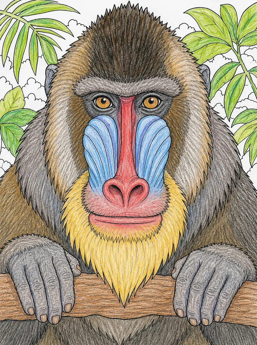 Der Mandrill zeigt sein prächtiges Gesicht