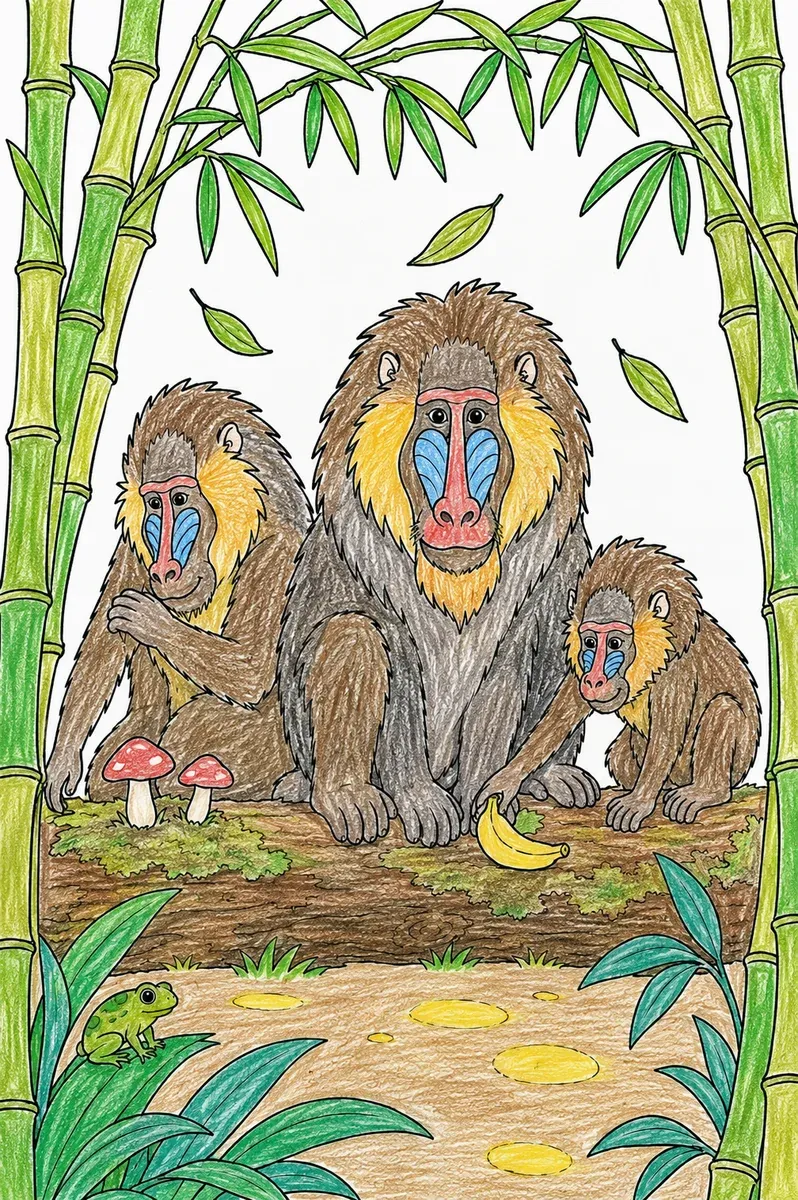 Die Mandrill-Familie im Bambushain