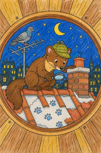Coloring page: marten with deerstalker cap and magnifying glass on night city rooftop