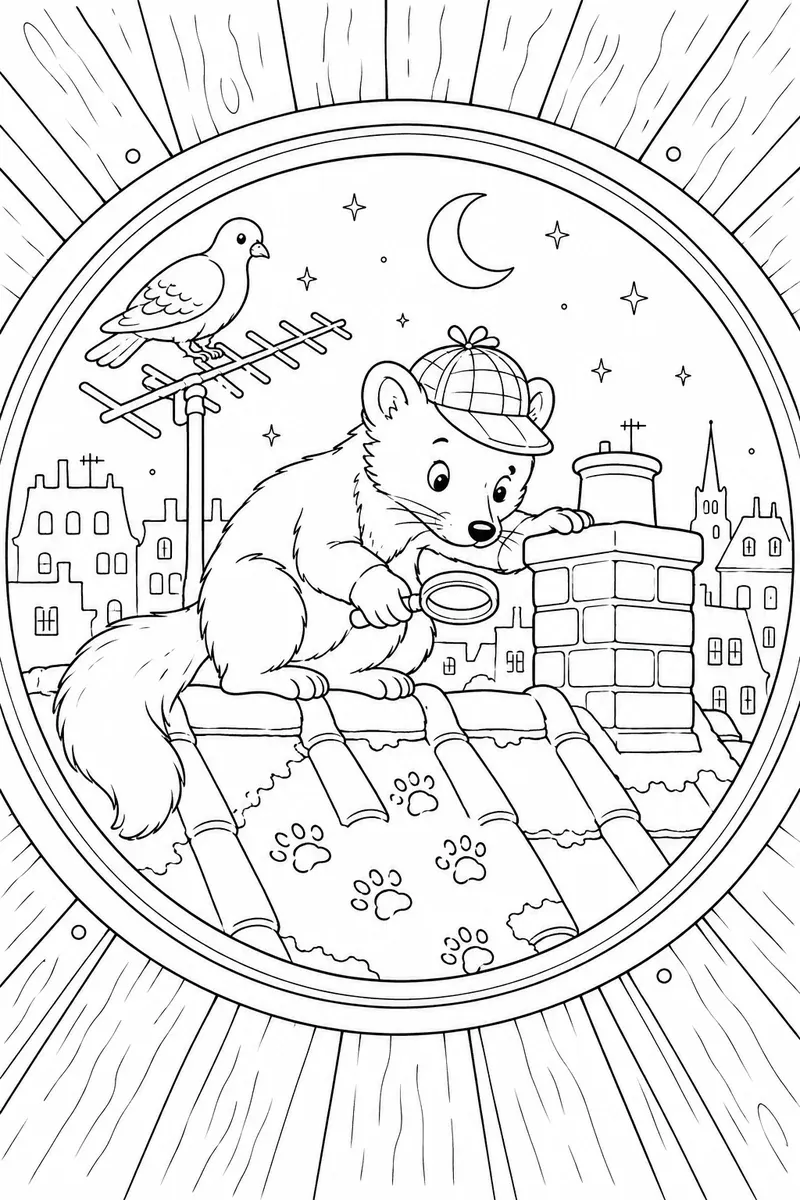 Coloring page: marten with deerstalker cap and magnifying glass on night city rooftop
