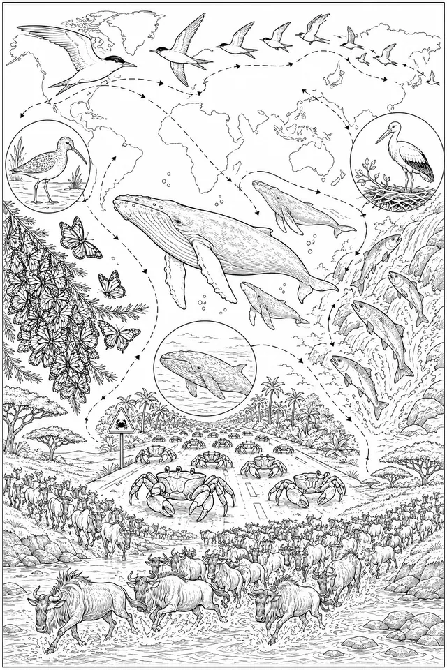 Weltweite Tierwanderungen — Großes Wimmelbild