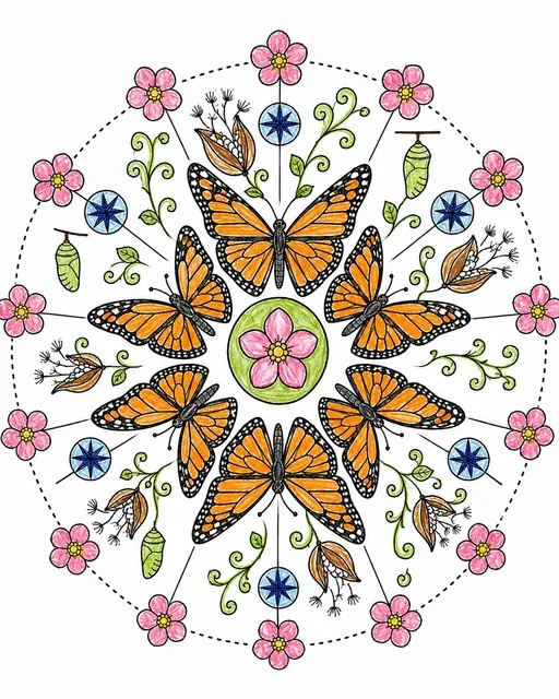 Symmetrisches Mandala mit acht Monarchfaltern um eine Seidenpflanze, mit Puppen und Kompasszeichen