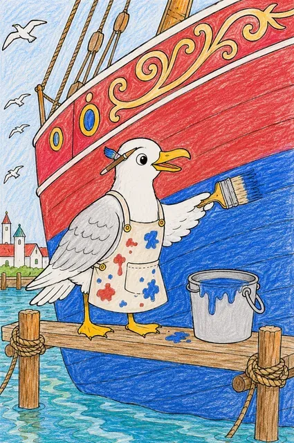 Ausmalbild: Möwe auf Gerüst malt Wasserlinie an Schiffsrumpf im Sommerhafen