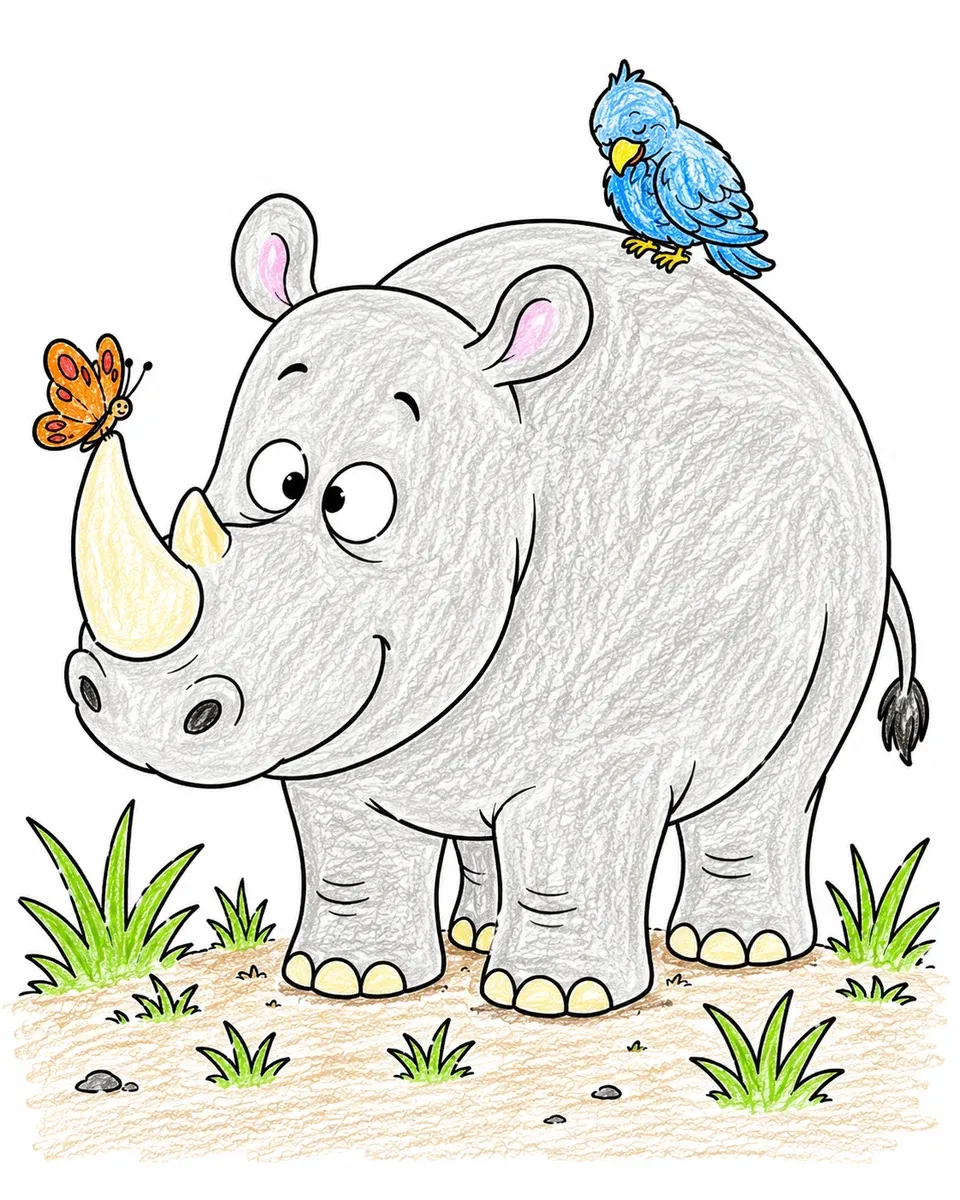Nashorn mit Schmetterling auf dem Horn