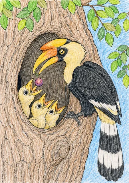 Ausmalbild: Nashornvogel füttert Küken durch Baumhöhlenöffnung
