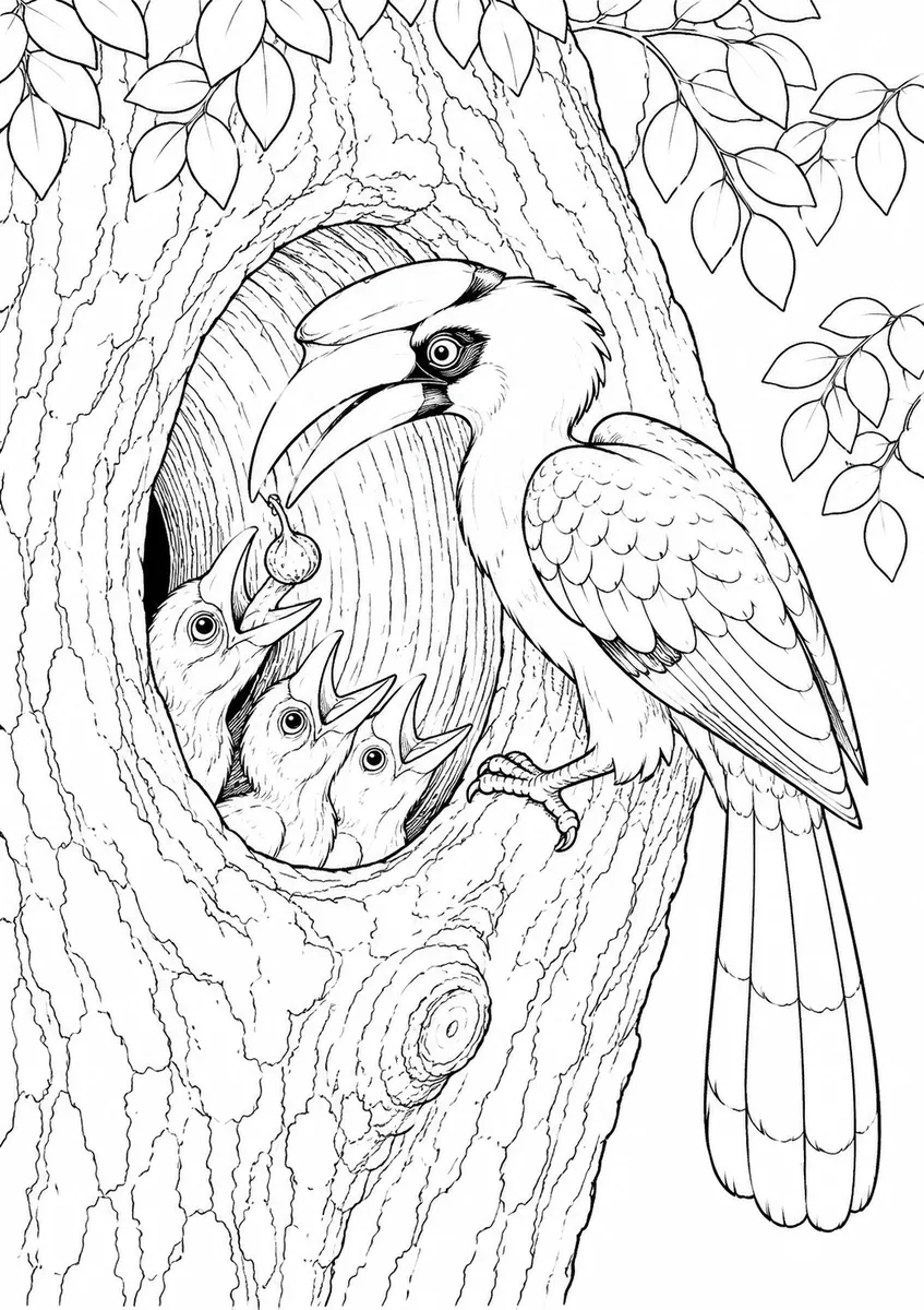 Coloring page: hornbill feeding chicks through tree hollow opening