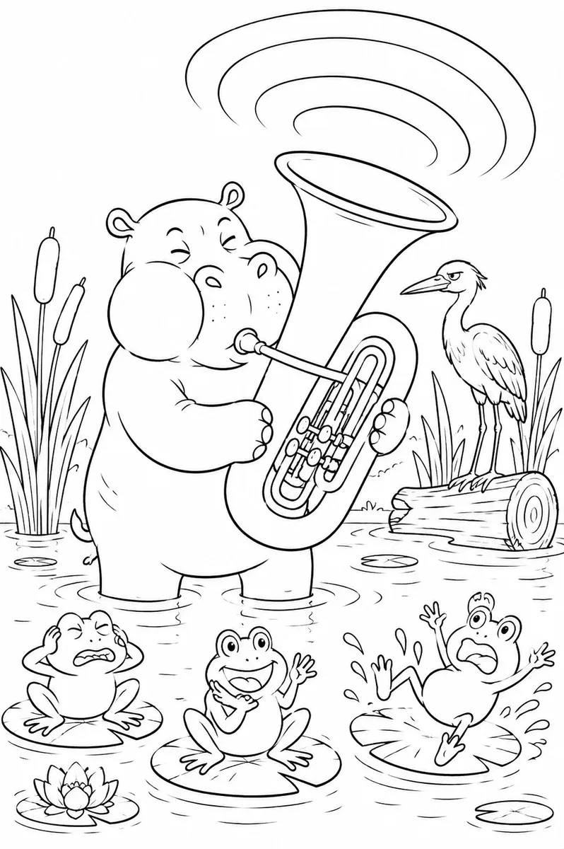 河马在沼泽吹大号青蛙反应的涂色画