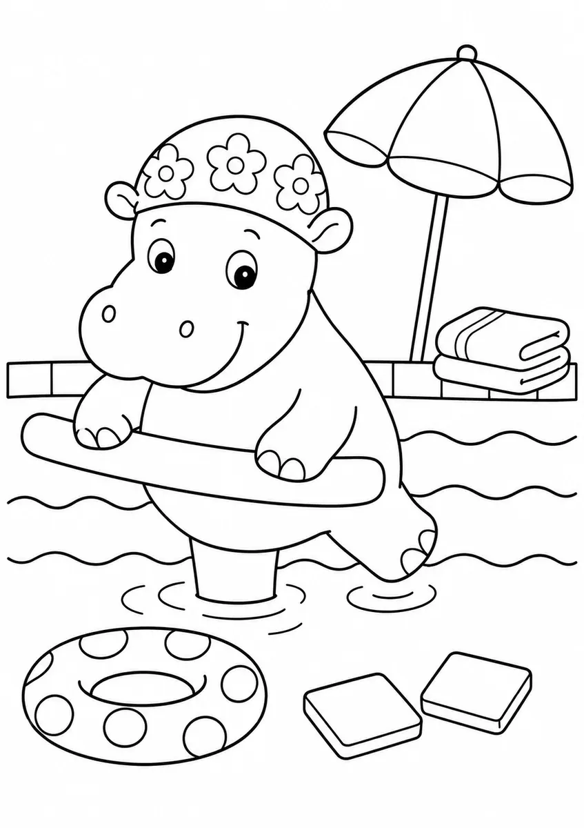 Hippo standing in shallow water with a swim cap and pool noodle