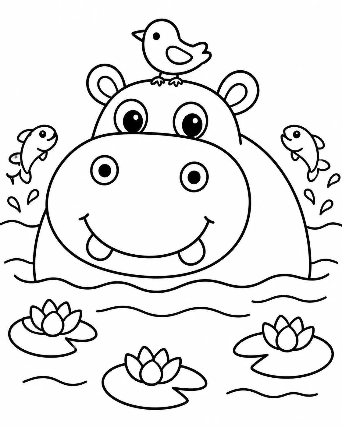 Round friendly hippo with broad snout half in water
