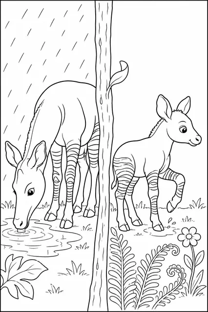 Okapi-Mama und Kind im Frühlingsregen