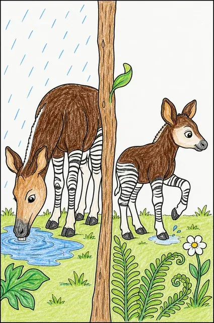 春雨中的霍加狓母子 – 涂色效果预览