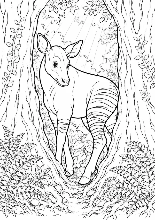 The Shy Okapi Peeping from Forest Shadow