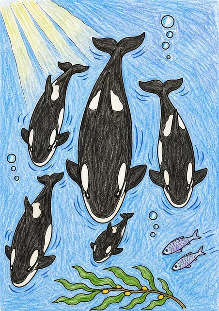 虎鲸群与幼鲸 – 涂色效果预览