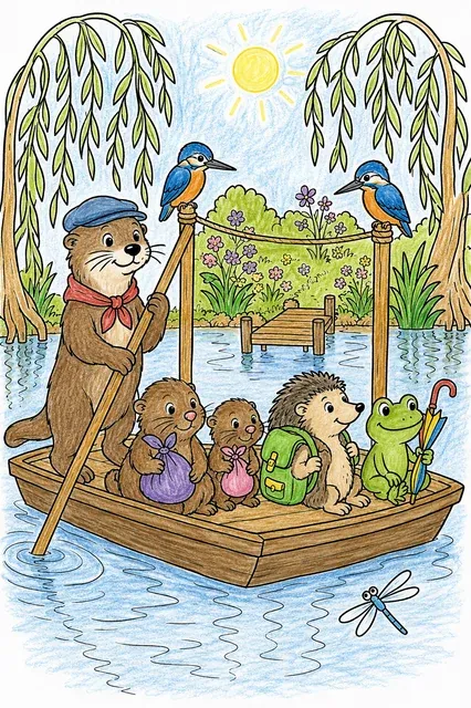 Ausmalbild: Otter stakt Holzfähre mit Tierpassagieren über Sommerfluss