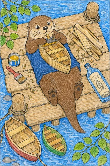 Ausmalbild Vogelperspektive: Otter auf Rücken auf Bootssteg baut Miniaturholzboot auf seinem Bauch