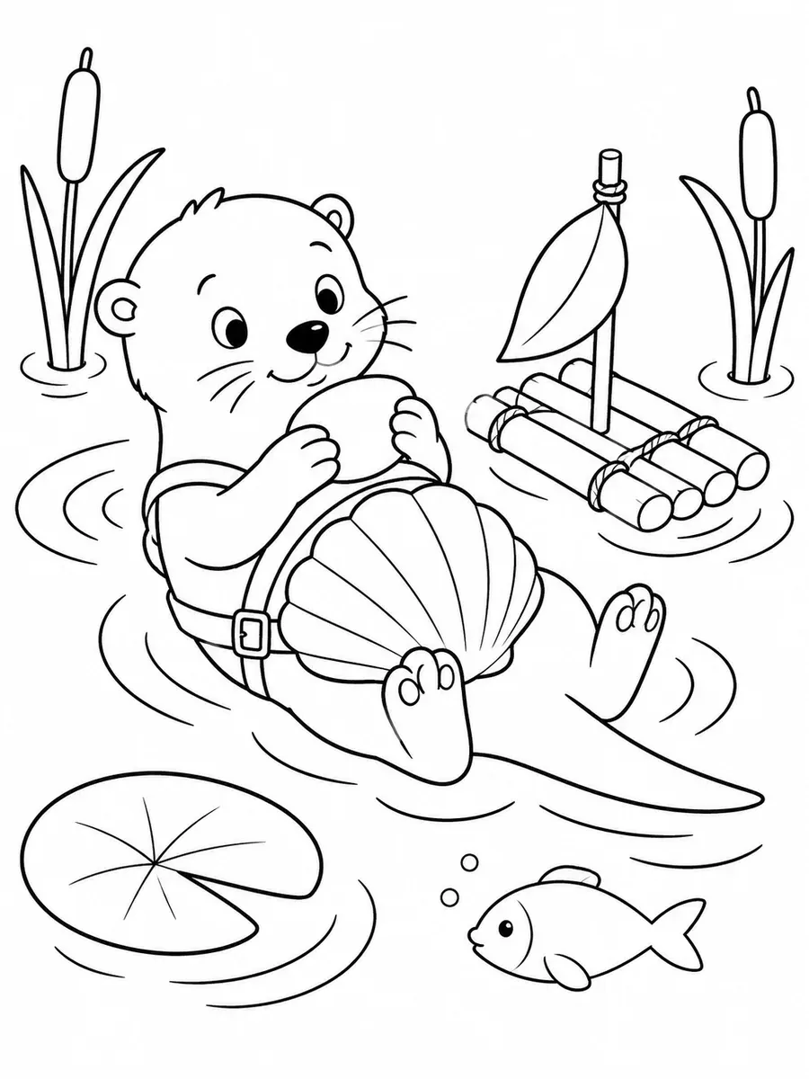 Otter schwimmt mit Muschelrucksack im Fluss