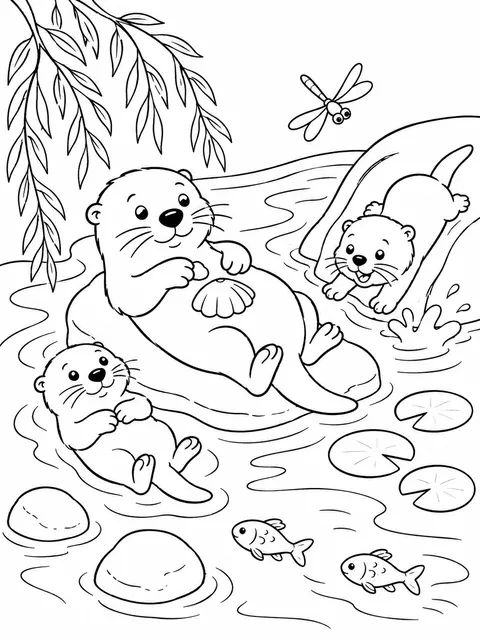 河床上的水獭一家