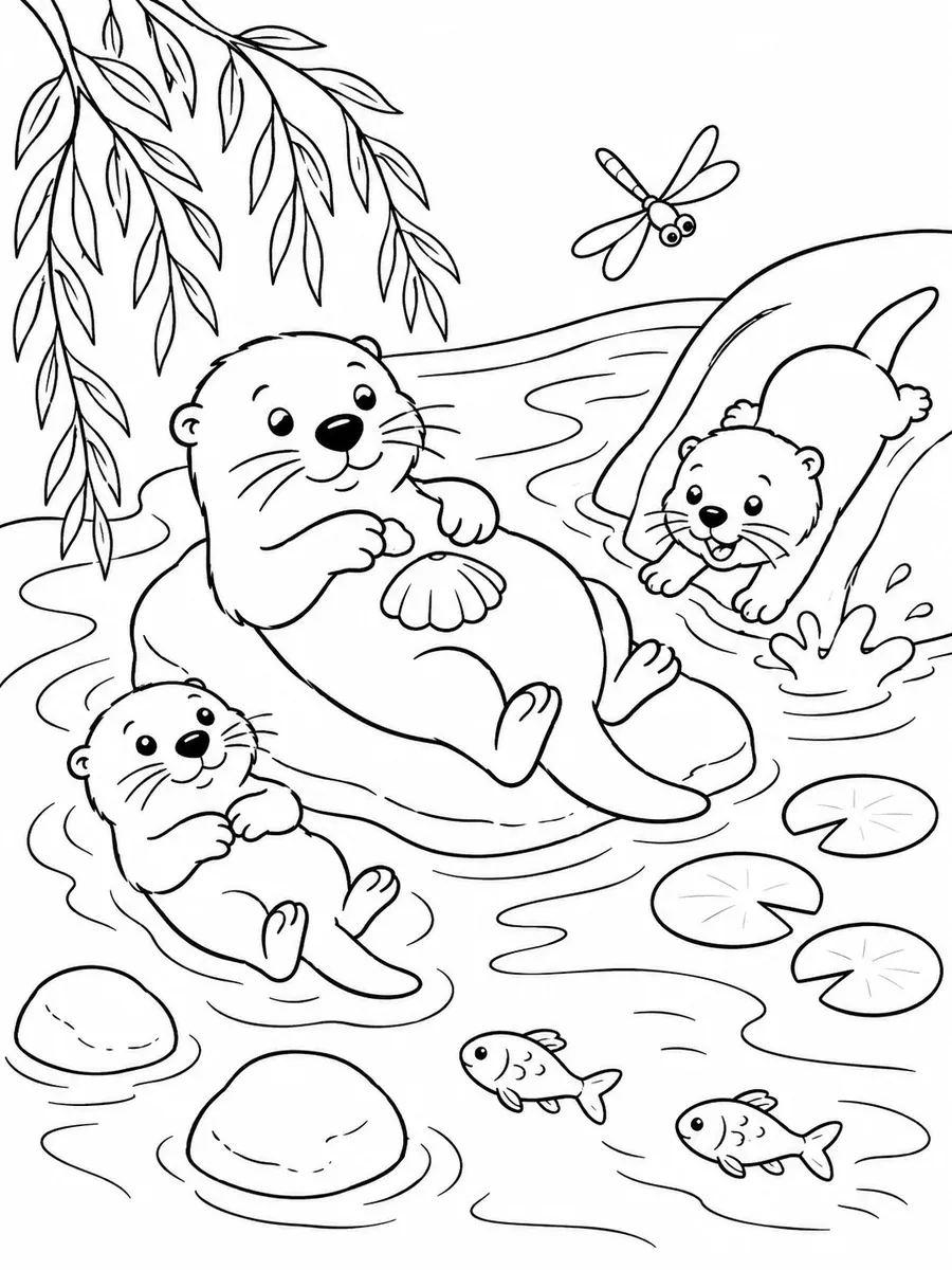 Otter-Mutter auf einem Felsen mit zwei spielenden Jungen im Fluss, umgeben von Seerosen