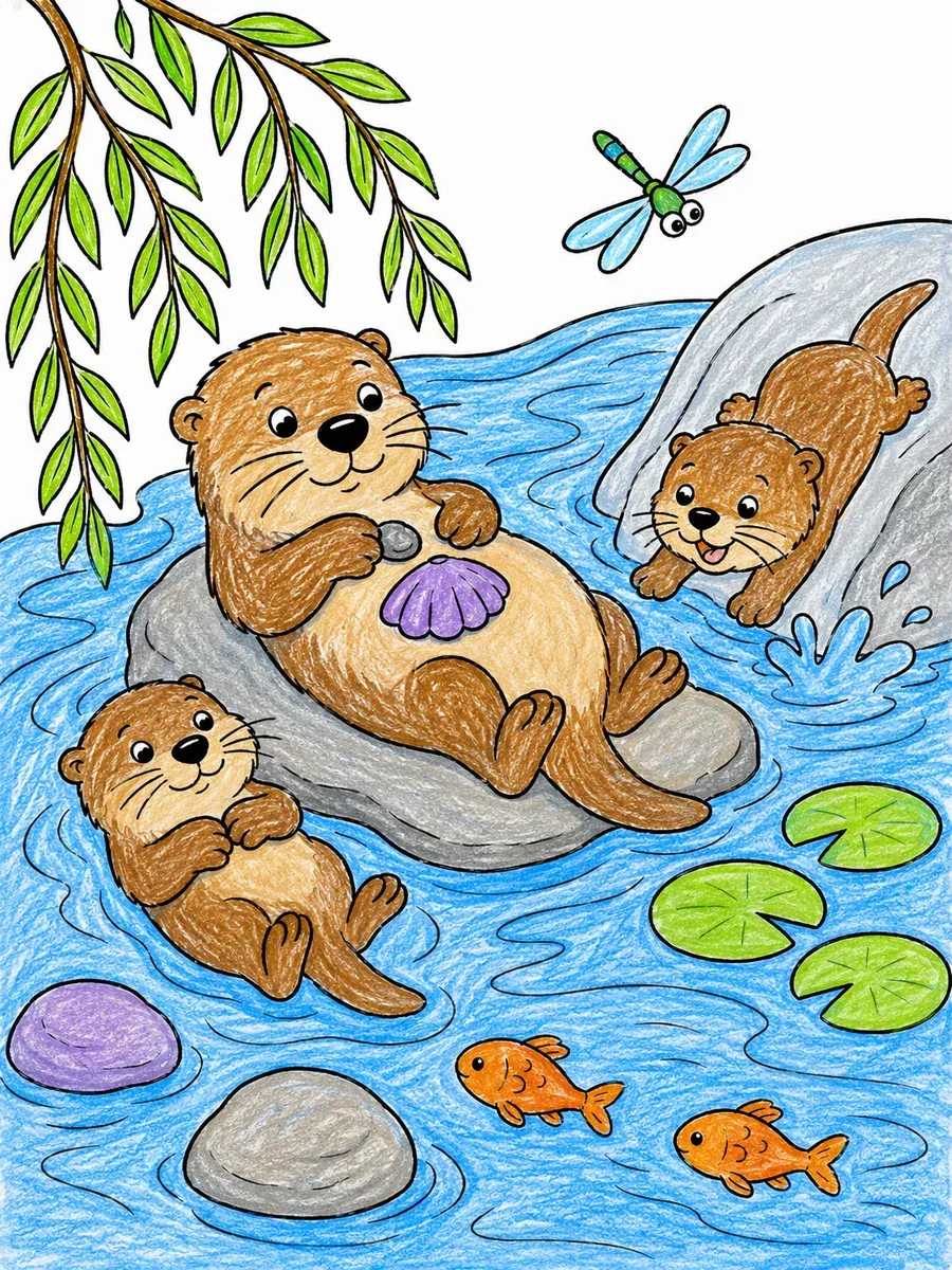 Die Otter-Familie im Flussbett