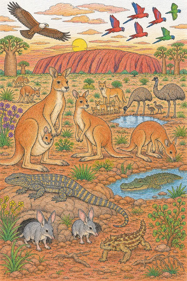 Ausmalbild: Australisches Outback-Wimmelbild bei Sonnenuntergang