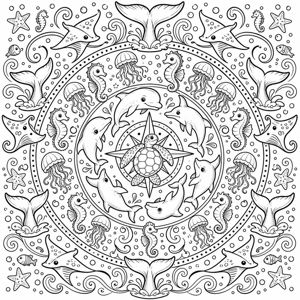 Ausmalbild: Rundes Mandala aus Meerestieren
