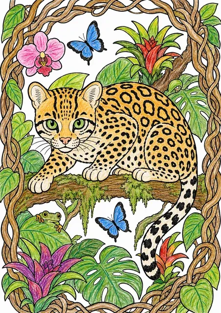 藤蔓框中虎猫蹲伏，玫瑰形斑纹直视