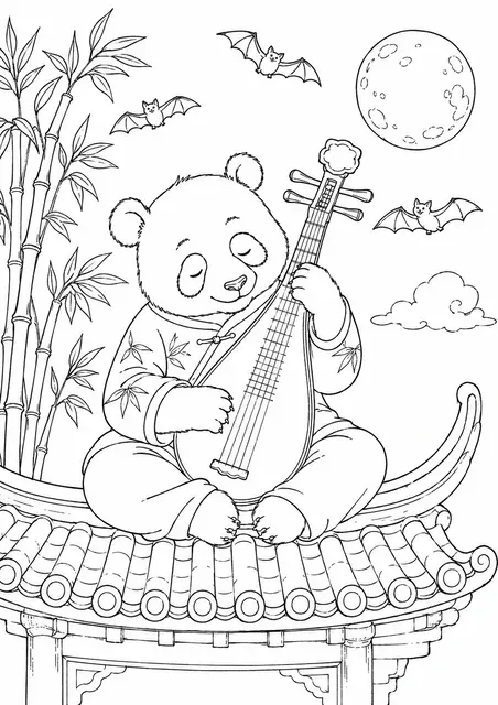 Panda Playing the Pipa on a Bamboo Roof