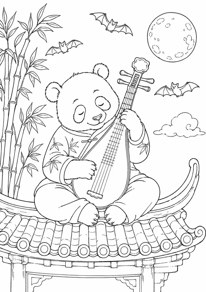 Ausmalbild eines Pandas, der auf einem Bambusdach unter dem Mond Pipa spielt