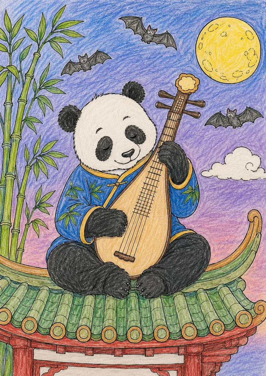 Panda spielt Pipa auf dem Bambusdach
