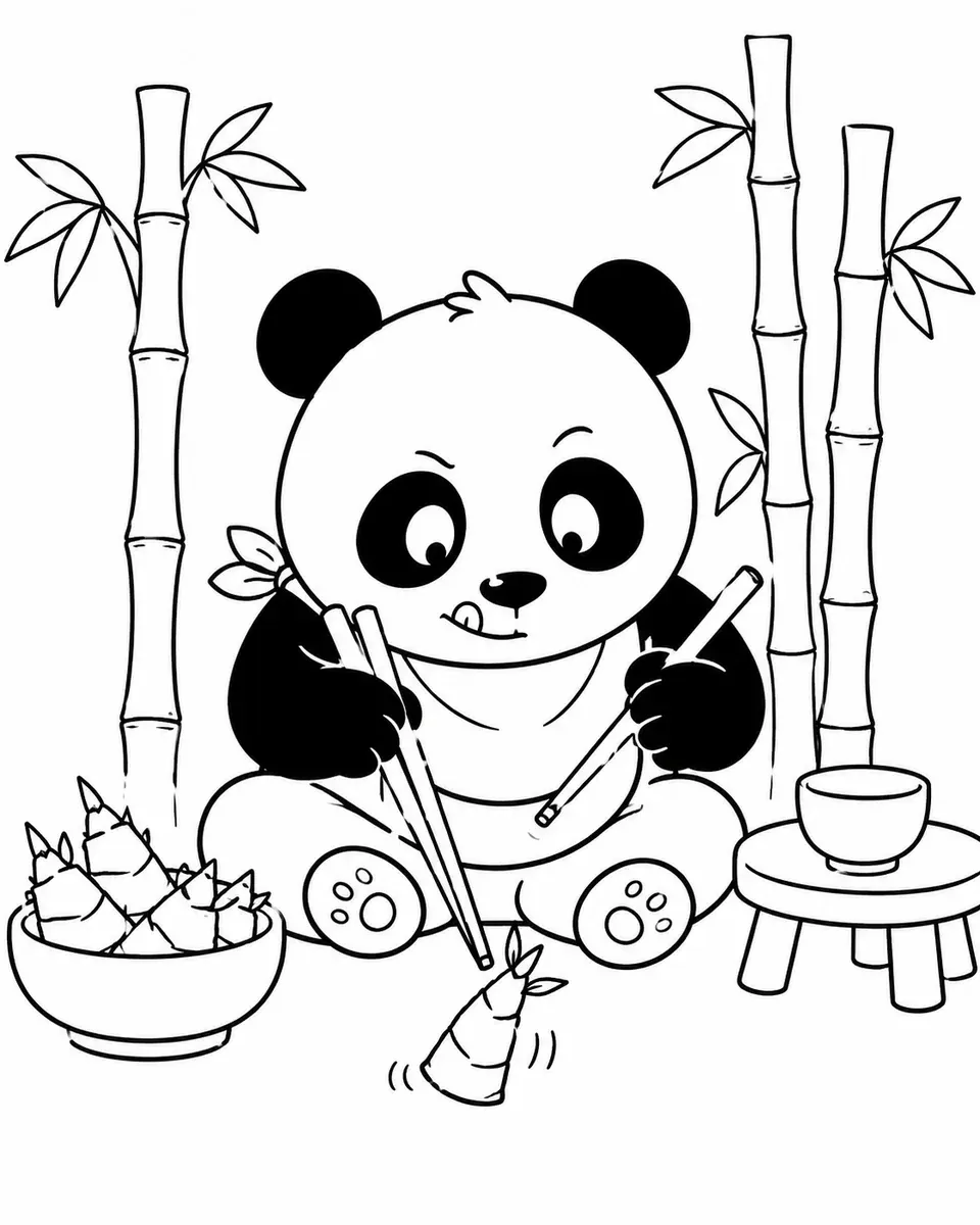 Ausmalbild eines Pandas der konzentriert Bambus mit Stäbchen isst