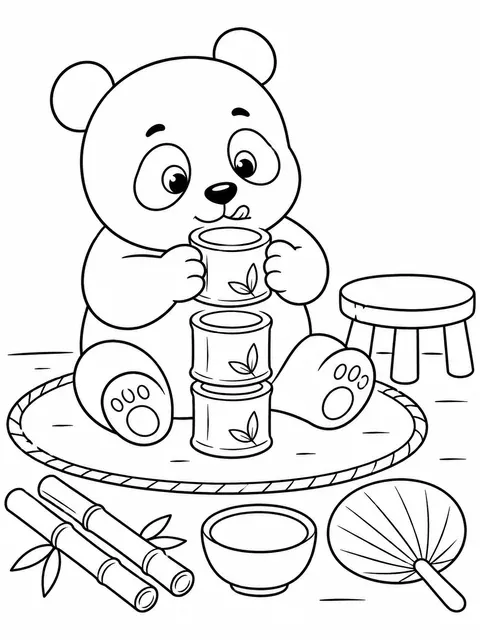 Panda stapelt Bambusbecher