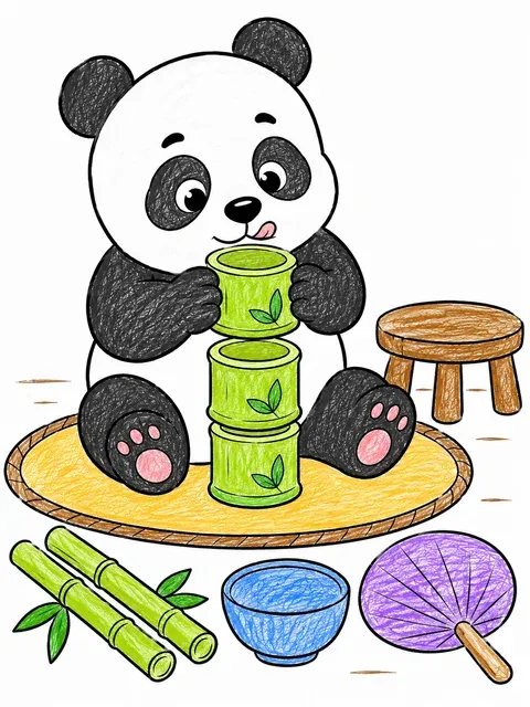Panda stapelt drei Bambusbecher auf einer Matte