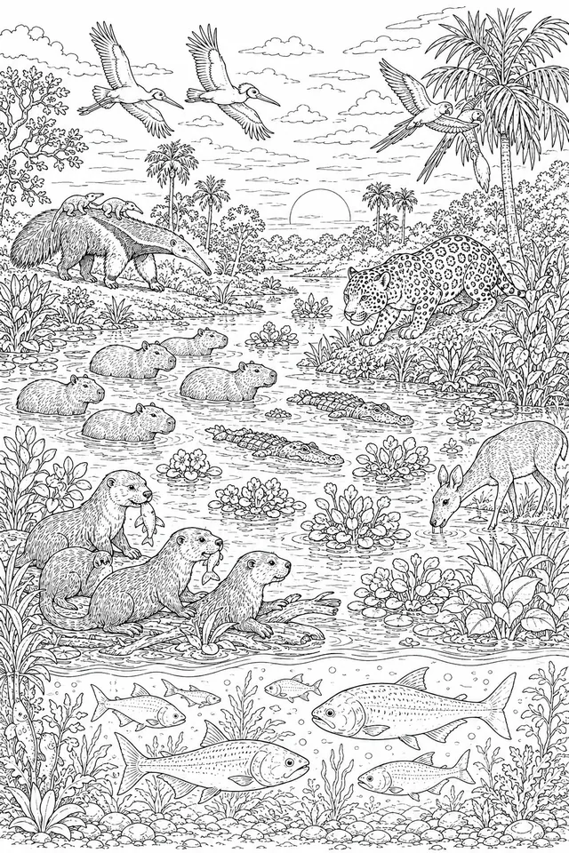 Pantanal-Wimmelbild: Jaguar, Kaiman und Capybara