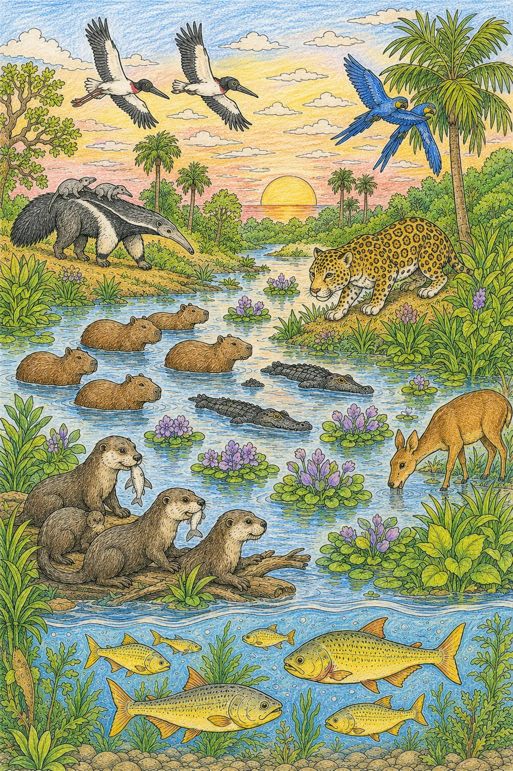Pantanal-Wimmelbild: Jaguar, Kaiman und Capybara