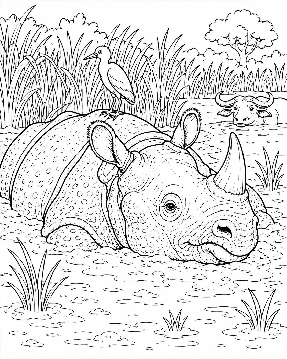 Ausmalbild: Indisches Panzernashorn liegt im Schlamm