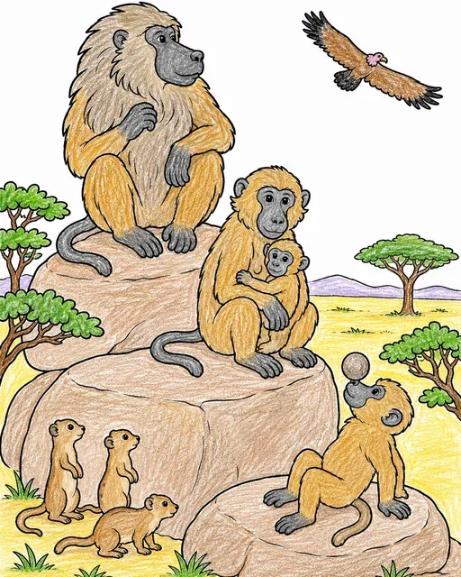 Drei Paviane auf Felsen mit Anführer oben, Mutter mit Baby und einem jungen Tier mit Stein