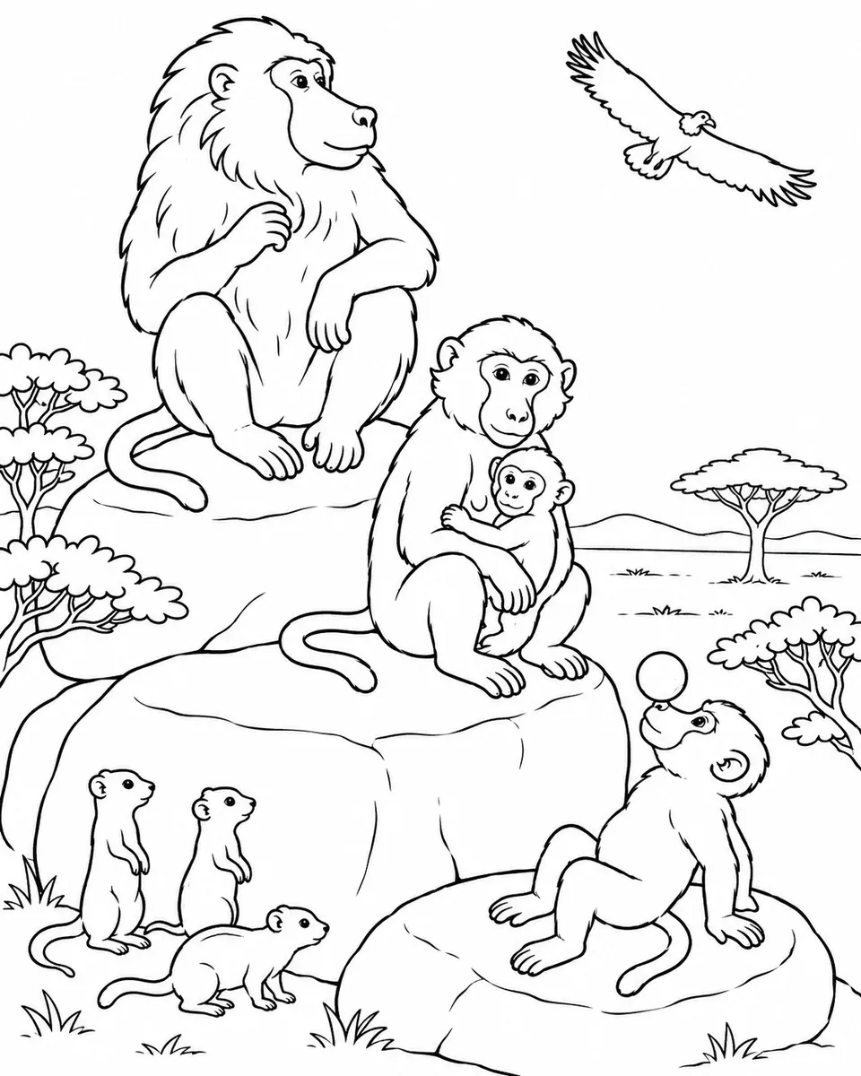 三只狒狒在岩石上：族长、母子与少年