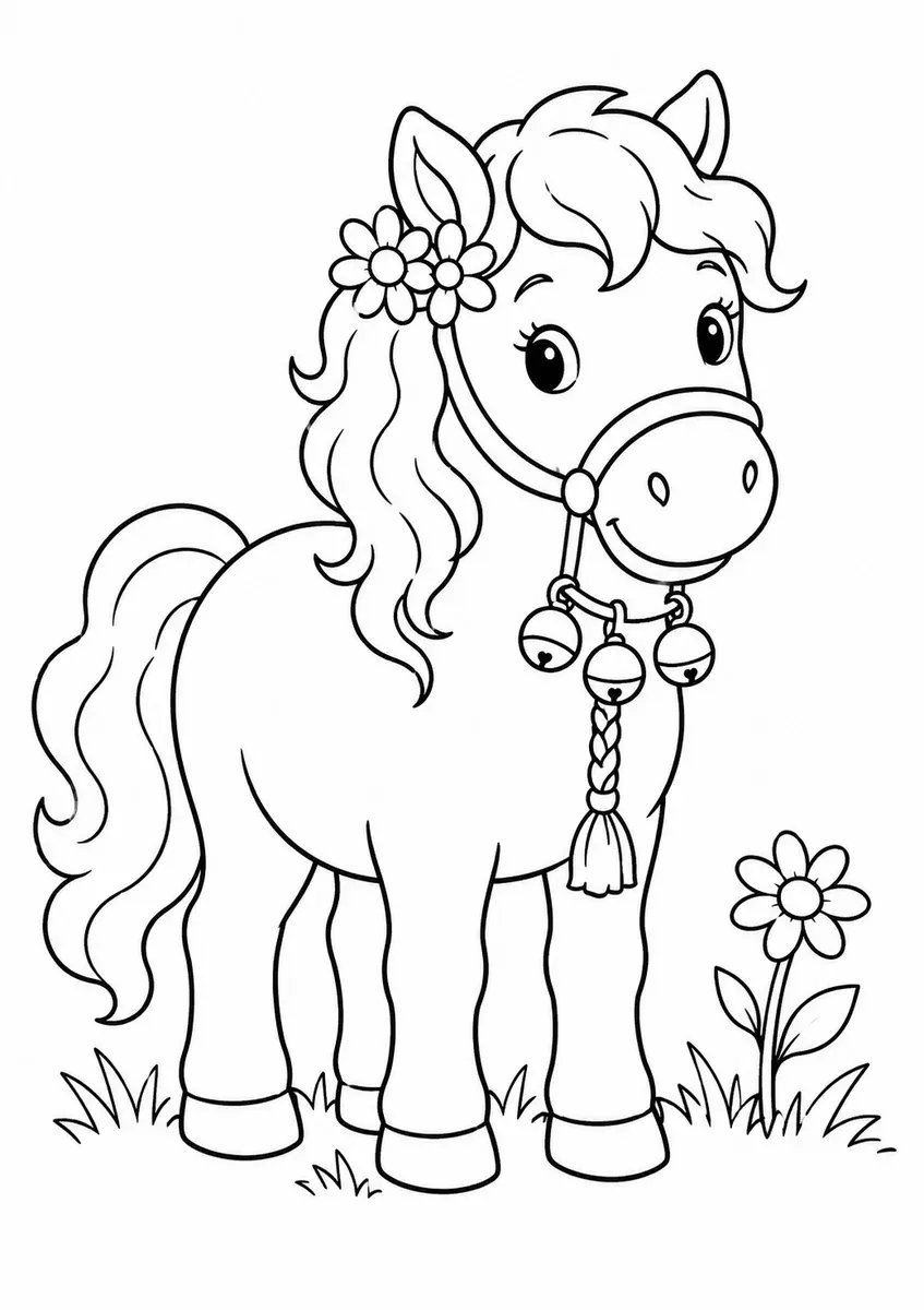 Ausmalbild eines Ponys mit Glöckchen am Zaum auf einer Wiese