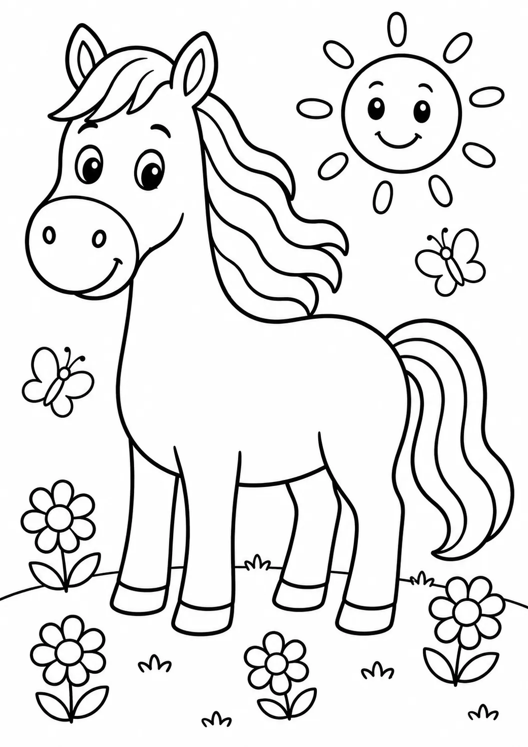 Friendly horse with flowing mane on the meadow