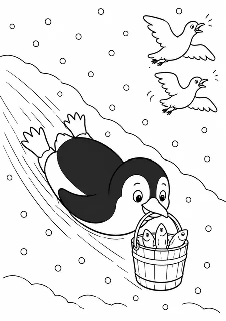 Pinguin rutscht mit Fischeimer