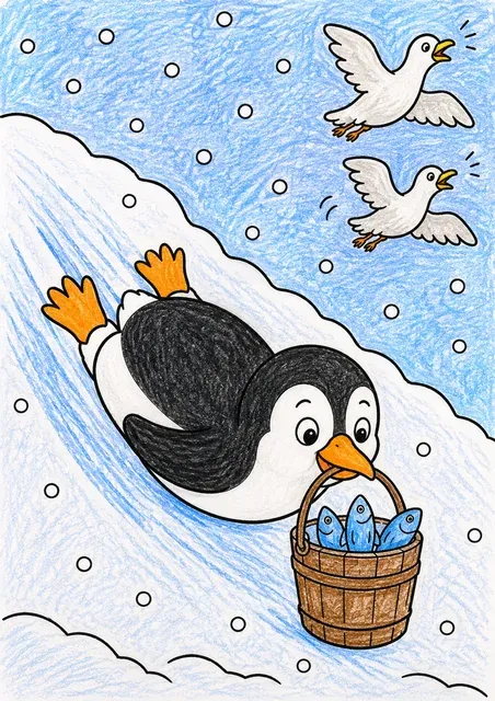 Pinguin rutscht mit Fischeimer – So könnte es aussehen