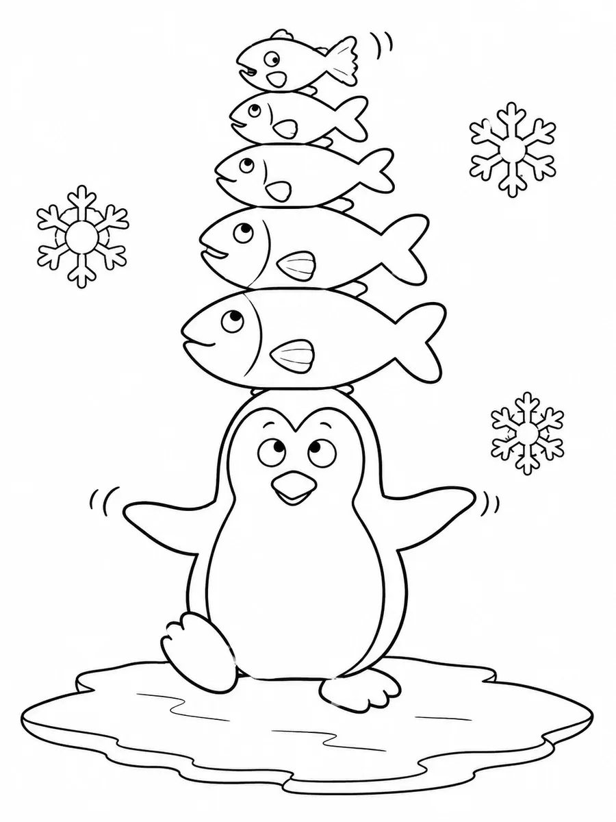 Ausmalbild eines Pinguins der einen Fischstapel auf dem Kopf balanciert