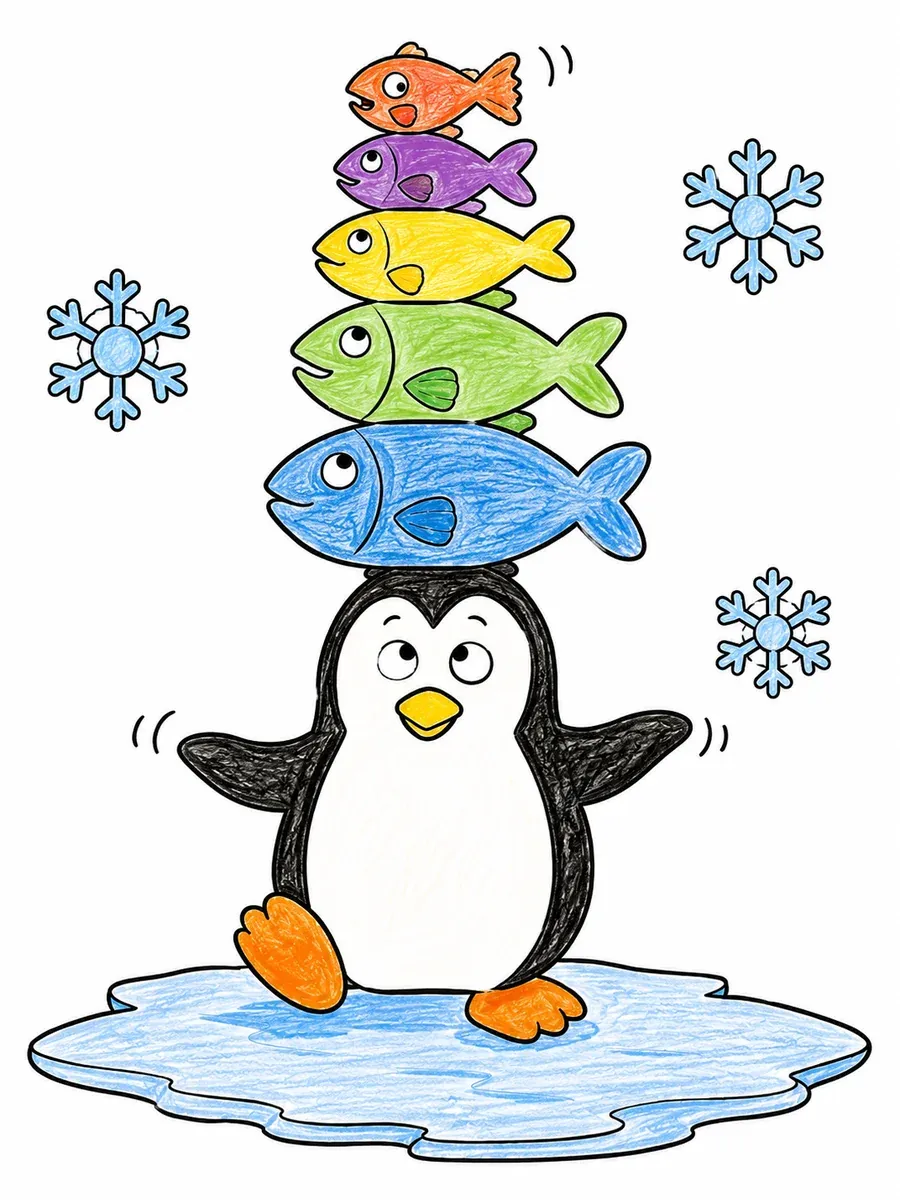 Pinguin balanciert Fischstapel auf dem Kopf