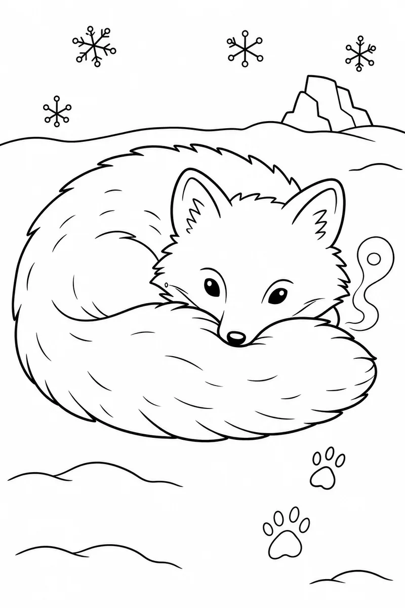 Polarfuchs als Kugel mit Schwanz als Schal in einer weiten Schneelandschaft