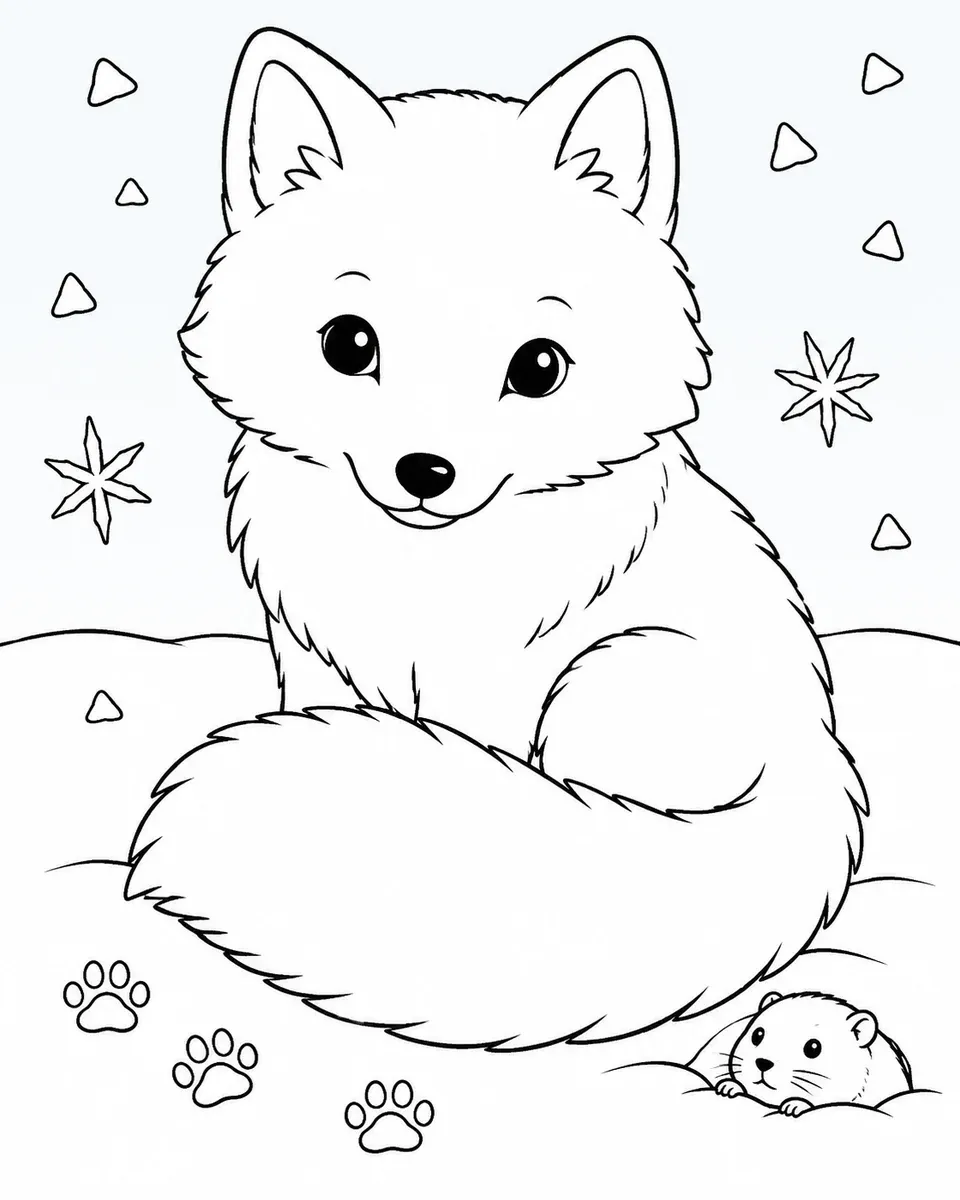 白色北极狐仰望，巨大尾巴与雪地