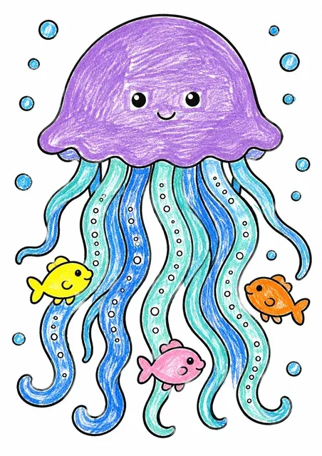 水母带发光触须在深海漂浮的涂色画