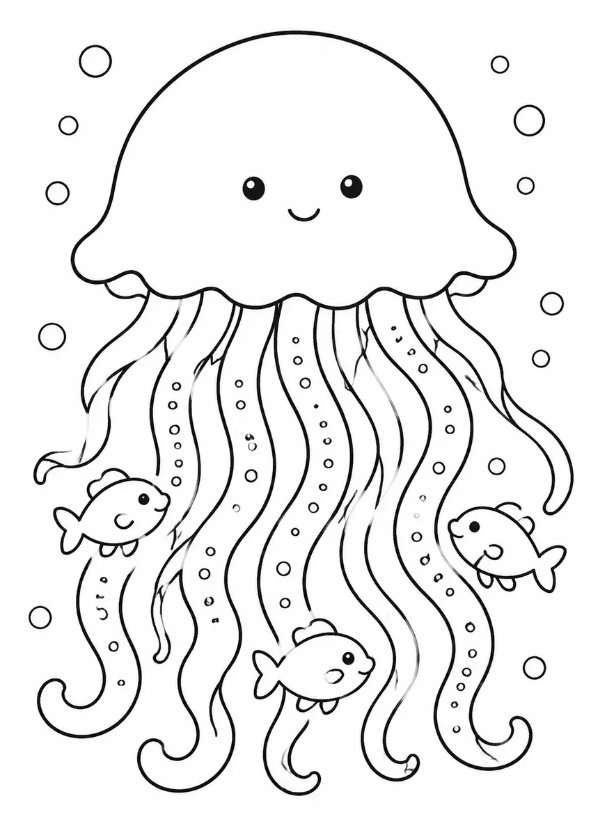 水母带发光触须在深海漂浮的涂色画