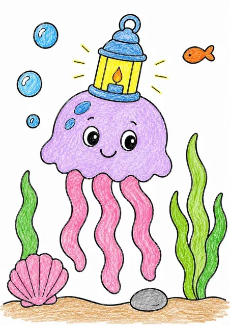 水母戴着小灯笼帽在水下漂浮