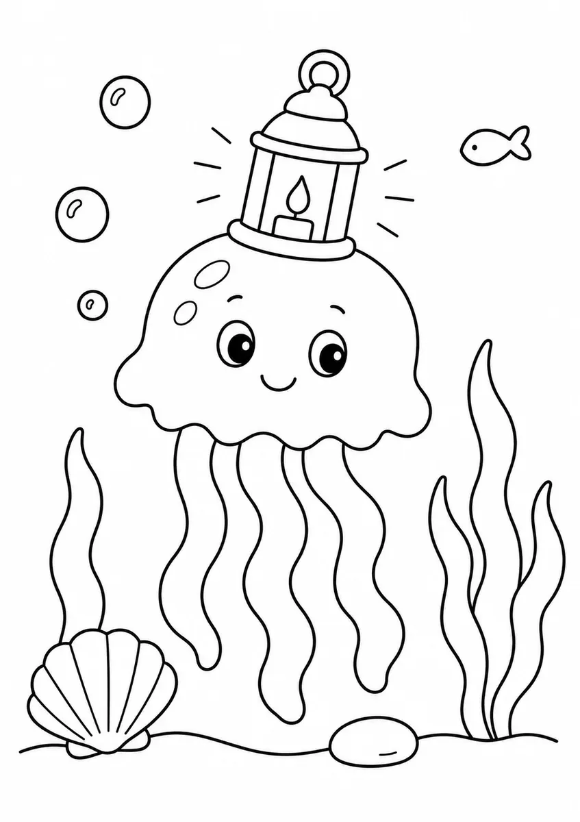 Qualle schwimmt mit einem kleinen Laternenhut unter Wasser