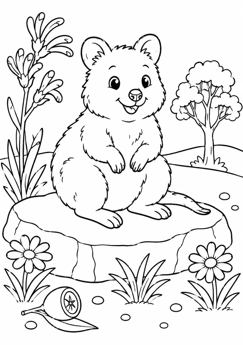 Quokka sitzt mit gefalteten Pfoten auf einem sonnigen Felsen, umgeben von Wildblumen